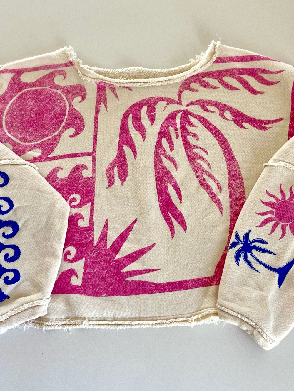WE THE FREE Cream & Pink Palm Graphic Cropped Pullover 🌴 Small